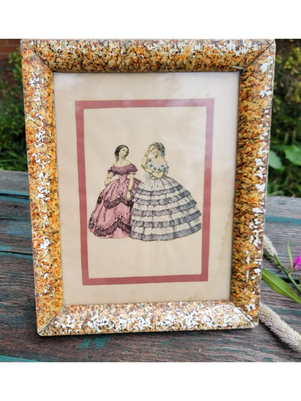 Victorian Scrap Art Framed "In the Swan’s Shadow" 1858 Fashion Plate Women Vic